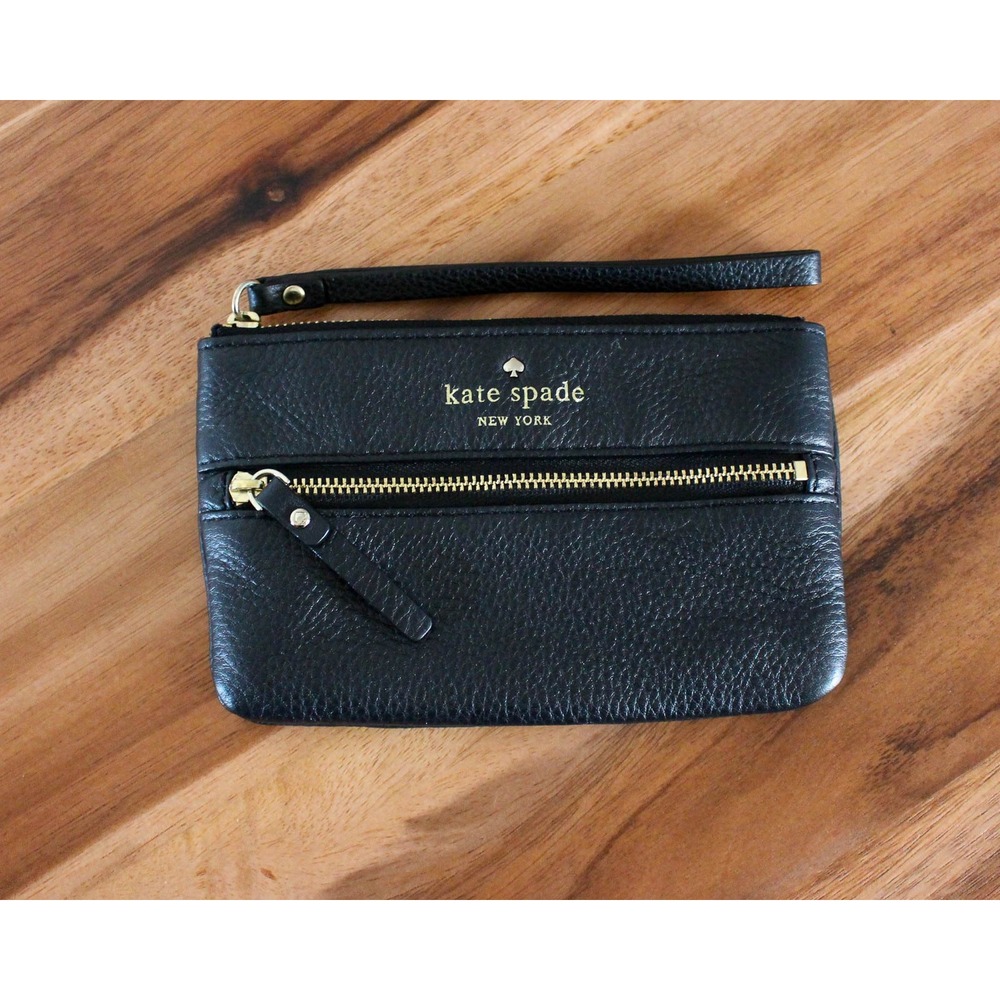 Kate Spade Wristlet Pouch Wallet Small Black Pebbled Leather Gold Zip Pocket